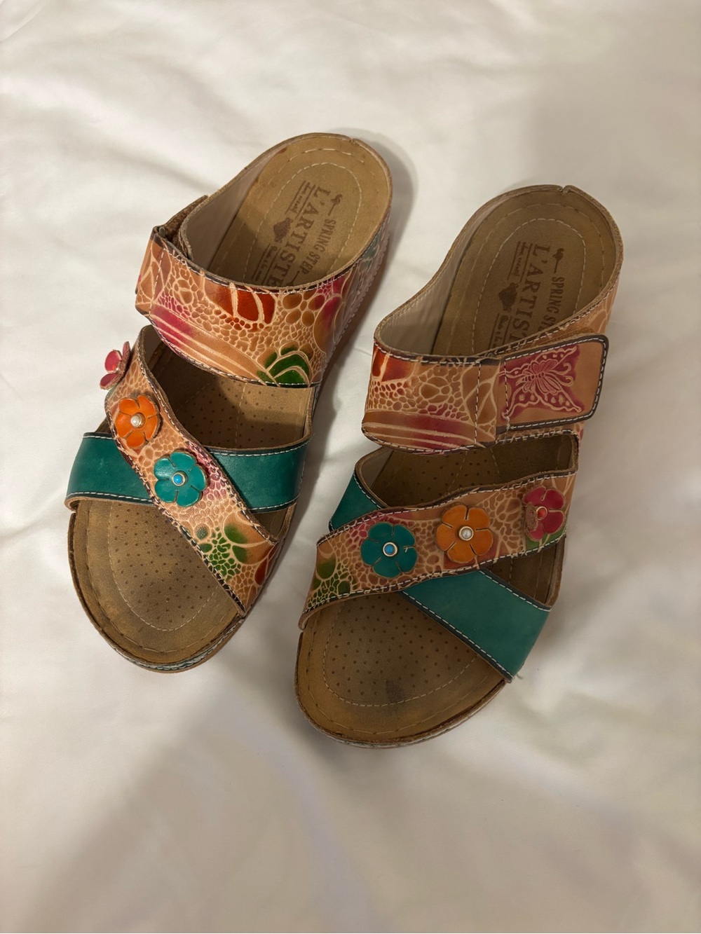 L’Artiste Spring Step Women’s 39 Floral Leather Sandals Teal Multicolor Boho